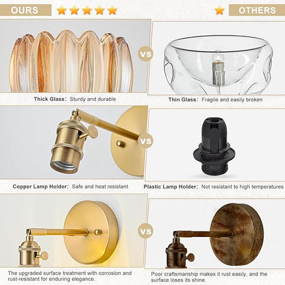 Hardwired Wall Sconce Light, Vintage Wall Sconce with Switch, Gold Wall Light Fixture with Tulip Amber Glass Lampshade, Indoor Wall Light for Bedroom Bathroom, Bedside Wall Lamp