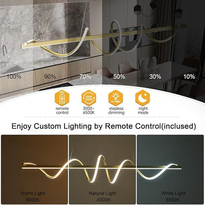 Modern LED Pendant Light Spiral Adjustable Hanging Lamp Gold 47.2 Inch DIY Kitchen Island Lighting 3-Color LED Dining Room Light Fixture with Soft Silicone Lamp Strip
