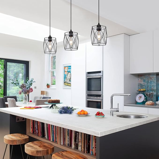Black Pendant Light Over Table Cage Blown Clear Seeded Glass Farmhouse Hanging Light Fixture Industrial Adjustable Cord for Kitchen Island Dining Room Above Sink