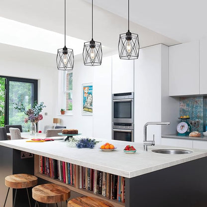 Black Pendant Light Over Table Cage Blown Clear Seeded Glass Farmhouse Hanging Light Fixture Industrial Adjustable Cord for Kitchen Island Dining Room Above Sink