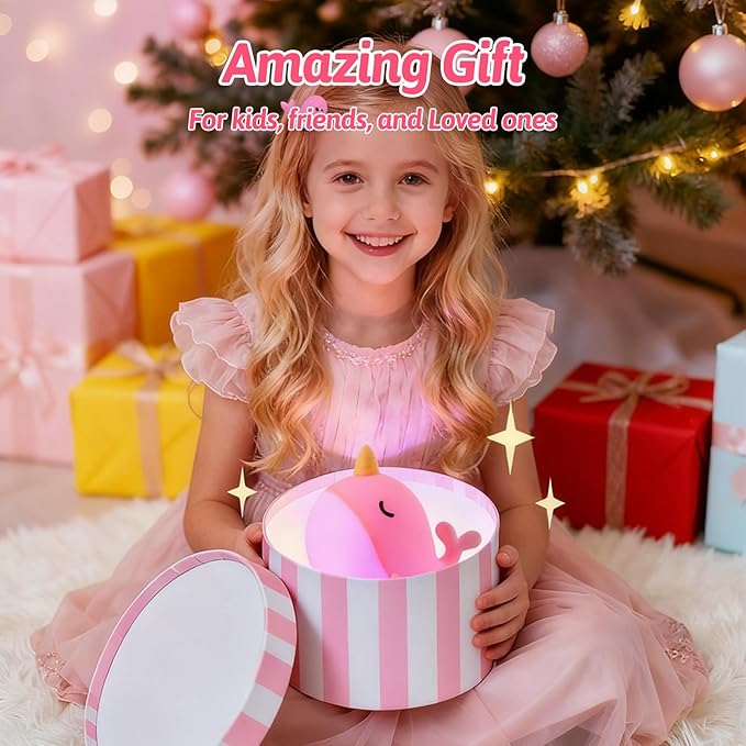 Narwhal Night Light for Kids, Portable Squishy Kawaii Lamp, USB Rechargeable Silicone LED Dimmable RGB Ocean Lamp with Timer, Birthday Cute Gifts for Boys Girls Bedroom/Nursery Decor