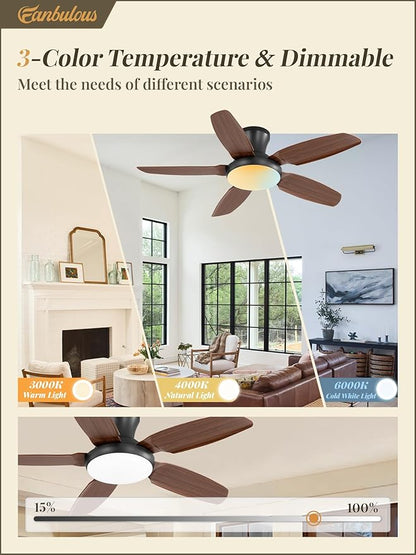 Fanbulous Ceiling Fans with Lights, 42 inch Low Profile Flush Mount Ceiling Fan with Remote/APP Control,Black Modern Ceiling Fan with LED Light for Bedroom Indoor Outdoor-LED Dimmable, 3CCT, 6 Speeds