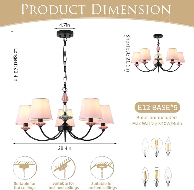 Pink Chandelier for Bedroom Light Fixture，Art Deco Chandelier with Fabric Shade,Antique Modern Chandeliers paired with Ceramic，Black Chandelier for Girls Bedroom，Living Room，Dining Room
