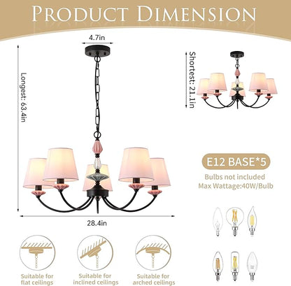 Pink Chandelier for Bedroom Light Fixture，Art Deco Chandelier with Fabric Shade,Antique Modern Chandeliers paired with Ceramic，Black Chandelier for Girls Bedroom，Living Room，Dining Room