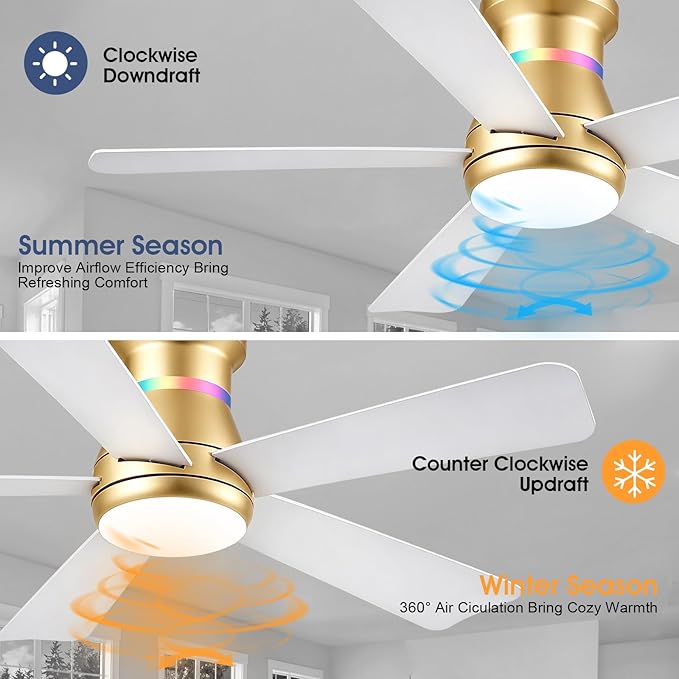 Surtime 46" Ceiling Fans with RGB Lights - Flush Mount Ceiling Fan Light with LED 3CCT Dimmable, Modern Low Profile Gold Ceiling Fan with Reversible White Blades