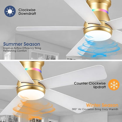 Surtime 46" Ceiling Fans with RGB Lights - Flush Mount Ceiling Fan Light with LED 3CCT Dimmable, Modern Low Profile Gold Ceiling Fan with Reversible White Blades