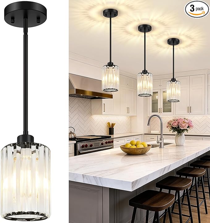 MQMQA 3 Pack Matte Black Pendant Lights Kitchen Island, Modern Crystal Chandelier Kitchen Pendant Lighting Over Island, Adjustable Hanging Mini Light Fixtures for Dining Room Hallway Corridor Bedroom