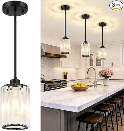MQMQA 3 Pack Matte Black Pendant Lights Kitchen Island, Modern Crystal Chandelier Kitchen Pendant Lighting Over Island, Adjustable Hanging Mini Light Fixtures for Dining Room Hallway Corridor Bedroom