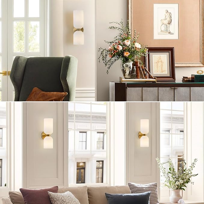 Modern Glass Wall Sconces- Double Head Wall Lighting with Long Short Glass Shades- Bathroom Vanity Light Mid-Century Up Down Hardwired Wall Lamp Indoor for Bedroom Hallway Living (Gold-White)