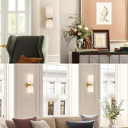 Modern Glass Wall Sconces- Double Head Wall Lighting with Long Short Glass Shades- Bathroom Vanity Light Mid-Century Up Down Hardwired Wall Lamp Indoor for Bedroom Hallway Living (Gold-White)