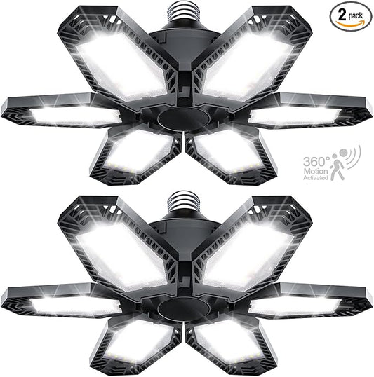 TANBABY 2 Pack LED Garage Lights with Motion Sensor, 150W Deformable Garage Light Bulb, Total 30000LM 6500K Daylight, 6 Adjustable Panels, E26/E27 Screw-in Ceiling Light for Basement, Gift for Men