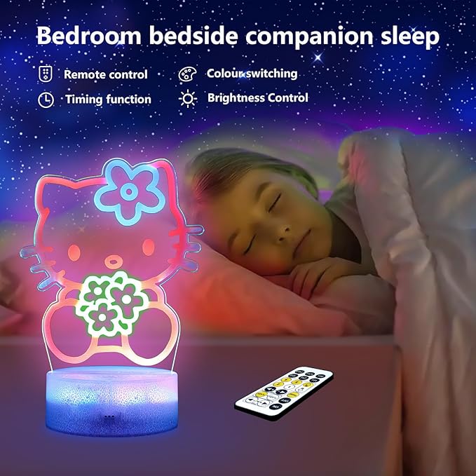 Cat Night Light for Kids, Anime Kitty Lamp with Timer, Remote Control, Changing Colors, Dimmable Acrylic LED Light for Christmas Birthday, Unique Gifts for Girls Boys Nursery Baby