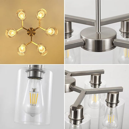 6-Light Farmhouse Brushed Nickel Chandelier,Modern Chandeliers for Dining Room Light Fixture Over Table,Adjustable Hanging Industrial Rustic Pendant Lights for Kitchen Island with Clear Glass Shade