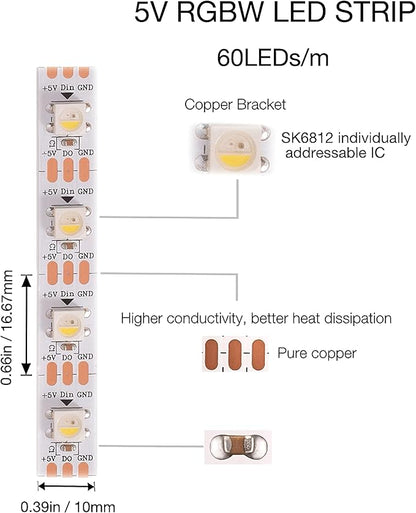 DC5V SK6812 (Similar WS2812B) RGBW RGB+Neutral White Led Strip Light 60leds/Pixels/m Individually Addressable 4Color in 1LED Dream Color (16.4ft(5m) 300leds IP65) (No Adapter or Controller)