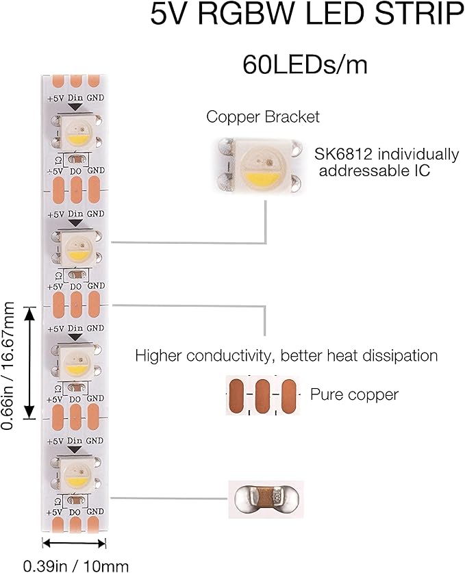 DC5V SK6812 (Similar WS2812B) RGBW RGB+Neutral White LED Strip Light 60leds/Pixels/m Individually Addressable 4Color in 1LED Waterproof (16.4ft(5m) 300leds, IP65) (No Adapter or Controller)