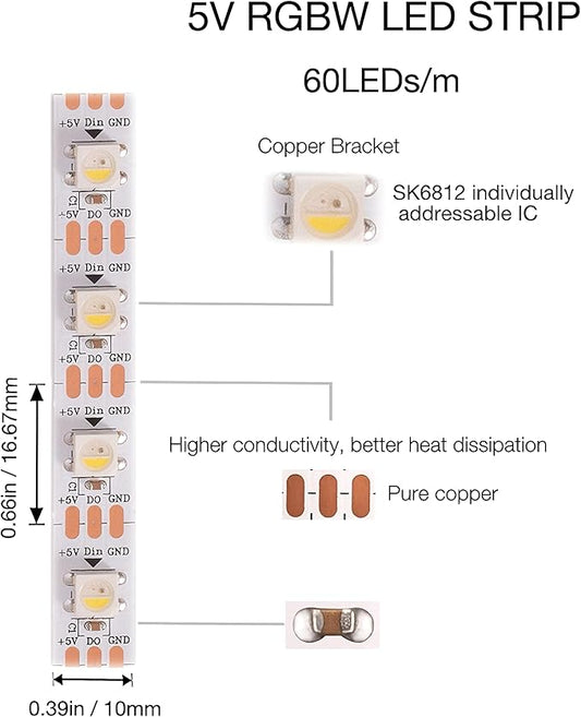 DC5V SK6812 (Similar WS2812B) RGBW RGB+Neutral White LED Strip Light 60leds/Pixels/m Individually Addressable 4Color in 1LED Waterproof (16.4ft(5m) 300leds, IP65) (No Adapter or Controller)