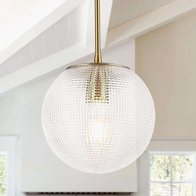 Clear Glass Pendant Light, Mid Century Modern Globe Hanging Lights with Height Adjustable, Brass Gold Single Pendant Lighting for Kitchen Island, Hallway, Dining Room, Living Room (1 Pack)