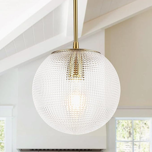 Clear Glass Pendant Light, Mid Century Modern Globe Hanging Lights with Height Adjustable, Brass Gold Single Pendant Lighting for Kitchen Island, Hallway, Dining Room, Living Room (1 Pack)