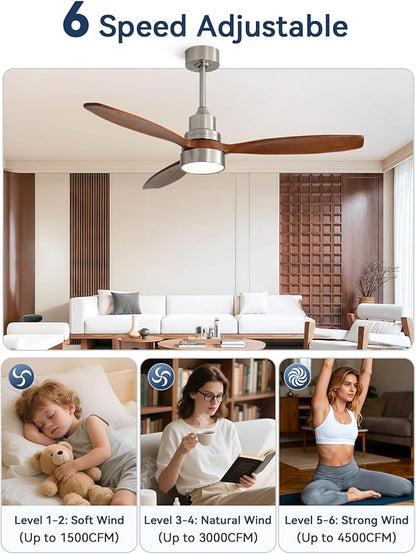 Sofucor 52 inch Solid Wood Ceiling Fan with Light, Quiet 6-Speed 3 Blades Reversible LED Ceiling Fan, Modern Rustic Fan with Dimmable Light for Living Room Bedroom Home Office Cafe Patio Porch