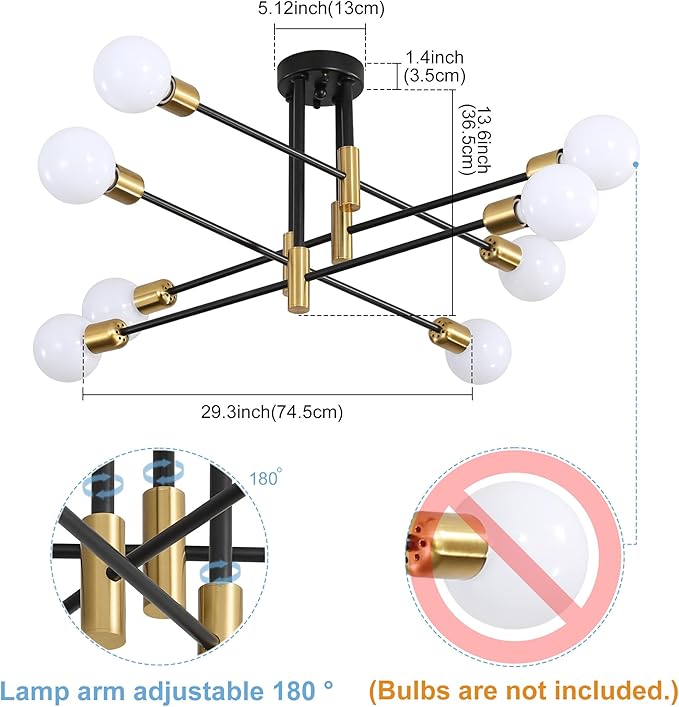 Sputnik Chandelier Mid Century Modern Nordic Pendant Lighting 8 Lights Ceiling Light Fixture Black Light for Living Room, Kitchen, Bedroom, Dining Room