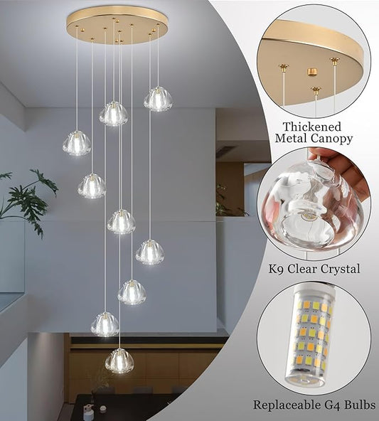 Modern Crystal Chandelier 9-Lights High Ceiling Raindrop Chandelier, Gold LED Round Indoor Lighting Fixture for Foyer Staircase Living Room
