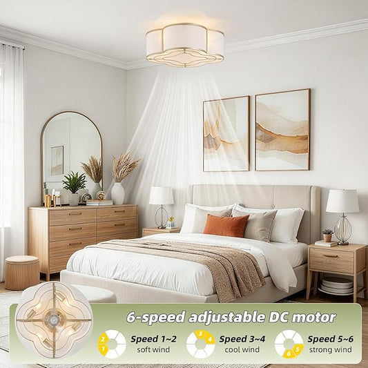 20" Boho Ceiling Fan with Light, Rattan Flush Mount Ceiling Fan with Light Remote Control, Caged Enclosed with 6 Speeds for Bedroom, Living Room, Foyer, Nursery (Gold)