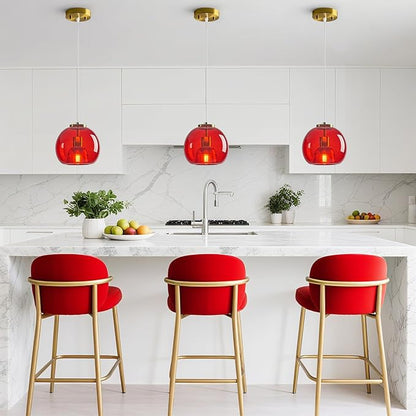 Red Glass Pendant Lights Kitchen Island Gold Hanging Light Fixture Glass Globe Pendant Light Modern Pendant Lighting for Kitchen Island Bedroom Dining Room (7.87", 1 Pack)
