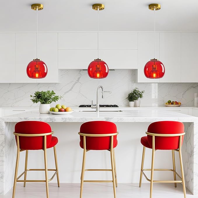 Red Glass Pendant Lights Kitchen Island Gold Hanging Light Fixture Glass Globe Pendant Light Modern Pendant Lighting for Kitchen Island Bedroom Dining Room (7.87", 2 Pack)