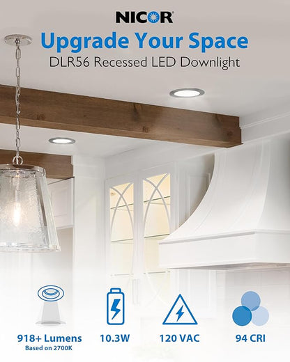 Recessed Ceiling Lights LED Downlight - Dimmable 5/6 inch LED Recessed Light Fixtures - Selectable CCT 2700K-5000K, 918 Lumens, 10.3W - DLR56 Retrofit Ceiling Light, Black, 1-Pk by NICOR Lighting
