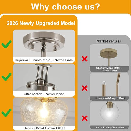 Modern Pendant Lights Kitchen Island, Brushed Nickel Pendant Light Fixtures with 10" Clear Air Bubble Glass Shade, Industrial Hanging Pendant Lights Fixture for Kitchen Island Dining Room Entryway