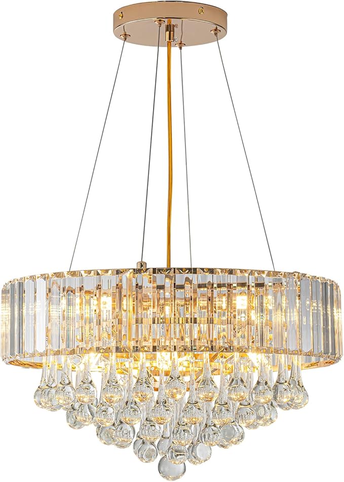HOPGGIE 17 Inch Crystal Chandeliers Flush Mount Chandelier G9 Base Round Modern Ceiling Light Fixture Pendant Lighting for Living Room Dining Room Laundry Room Kitchen Bedroom (Gold)