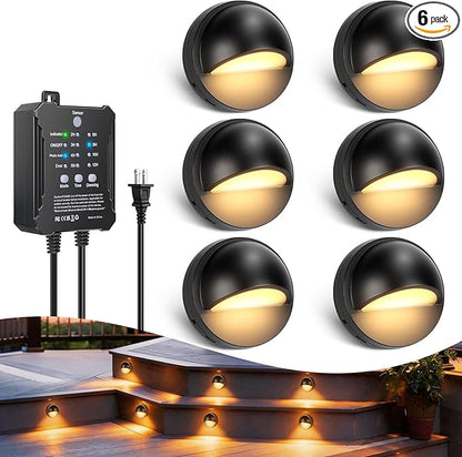 Low Voltage LED Deck Lights Kit with Plug-in Transformer, Dusk-to-Dawn Timer and Photocell Sensor, 3000K Warm White IP67 Waterproof Outdoor Step Lights for Deck Stairs, Railing, Fence, Patio (6 Pack)