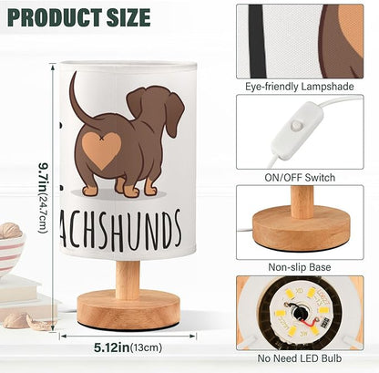 Table Lamp Cute Dachshund Dog I Love Dachshunds Heart Butt Nightstand Lamp with Wood Base Fabric Lamp Shade Bedside Desk Lamp for Living Room Bedroom Kids Room Office