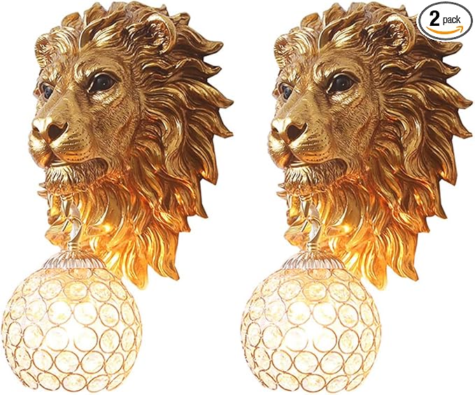 Gold Lion Head Wall Sconces Set of 2, Modern Luxury Crystal Globe Wall Lamp, Resin Animal Head Decorative Wall Mounted Light Fixtures for Living Room Bedroom Hallway Entryway