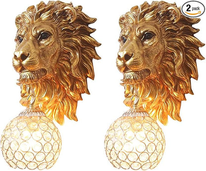 Gold Lion Head Wall Sconces Set of 2, Modern Luxury Crystal Globe Wall Lamp, Resin Animal Head Decorative Wall Mounted Light Fixtures for Living Room Bedroom Hallway Entryway