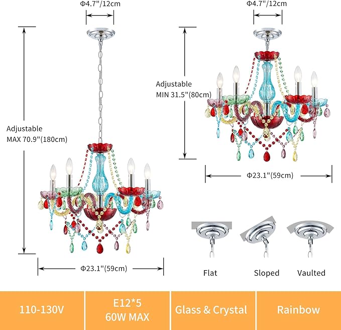5-Lights Children Chandeliers, Modern Candy Design, Colorful Crystal Chandeliers for Bedroom, Dining Room, D22.8'' × H33.5'', Adjustable Height (33.5"~70.9"), Youth Color & Chrome Finish Frame