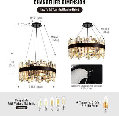 Siljoy Black Crystal Chandelier for Dining Room, Modern 2-Tiers K9 Crystal Raindrop Chandelier 12 Lights Farmhouse Pendant Ceiling Light for Living Room Kitchen Island Entry Foyer D19.7''