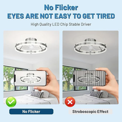 Flush Mount Ceiling Fan with Lights ,19.7'' 3000-6000K 6Speed Dimmable Modern Enclosed Led Ceiling Fan , Reversible DC Motor Bladless Low Profile Ceiling Fans for Bedroom, Kitchen,Home, Office