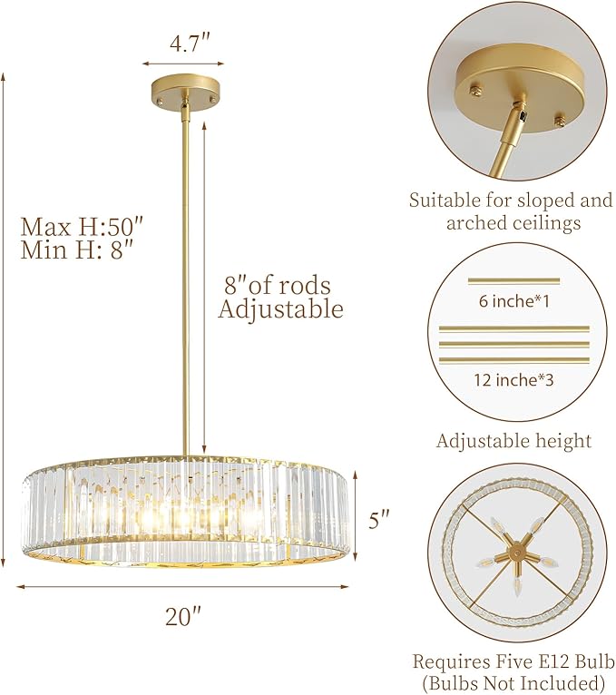 5-Light Gold Crystal Chandelier for Dining Room, Modern Semi Flush Mount Chandelier Lighting Fixtures, Round Kitchen Hanging Drum Pendant Lights Ceiling for Living Room Bedroom Entryway Foyer， 20 Inch