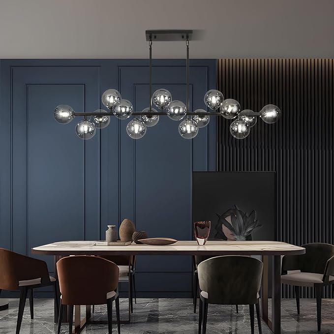Mid Century Modern Chandelier 55in Linear Bubble Chandeliers 16-Light Black & Gray Sputnik Pendant Lighting Fixture for Dining Room Kitchen Island
