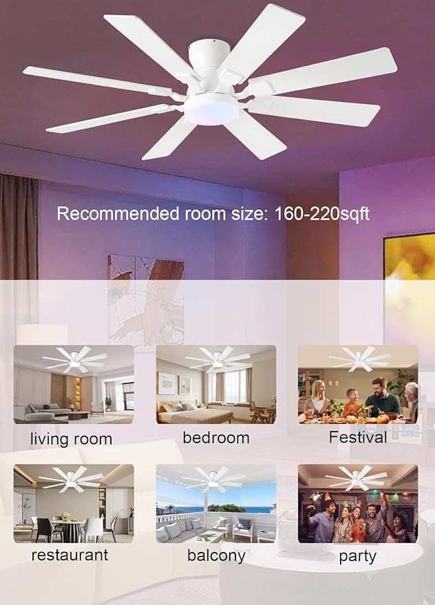 JSAITEE 52 inch Ceiling Fan with Light, 6 Speeds Reversible Low Profile Ceiling Fan with Light and Remote/APP Control, 3 Color Temp+Dimmable RGB, 8 Blades, Flush Mount Quiet Ceiling Fans, White