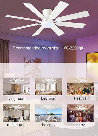 JSAITEE 52 inch Ceiling Fan with Light, 6 Speeds Reversible Low Profile Ceiling Fan with Light and Remote/APP Control, 3 Color Temp+Dimmable RGB, 8 Blades, Flush Mount Quiet Ceiling Fans, White