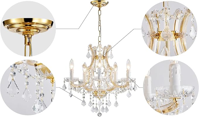 Saint Mossi 5-Lights Maria Theresa K9 Crystal Chandelier Light Fixture,Modern Chandelier Gold Chandelier for Bedroom,Dining Room,Living Room,H19 x W19,Chain Adjustable