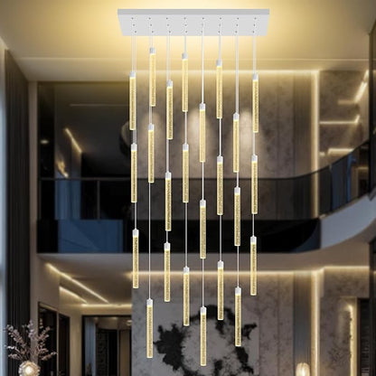 Modern Rectangular Crystal Chandeliers LED Dimmable Crystal Column Chandelier Living Room Foyer Crystals Pendant Light for Dining Room Adjustable Height 24-Light Silver