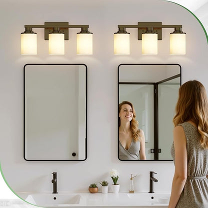 DORESshop 17 Inch Bathroom Light Fixtures, 3-Light Black Bathroom Vanity Light Over Mirror with Milk Glass Shade, Vanity Lights for Living Room Bedroom