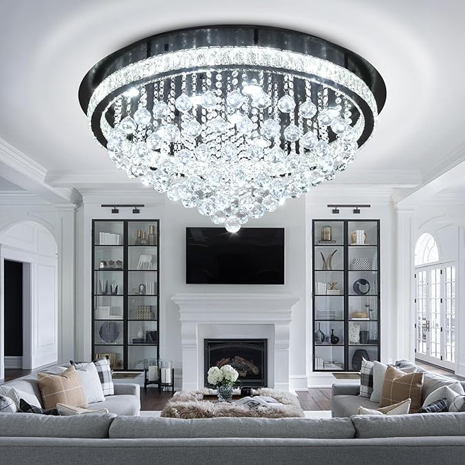 Dia 32" Modern Crystal Chandeliers for Dining Room,Black Raindrop Chandelier Flush Mount Chandeliers for Living Room Bedrooms Dining Room Dimmable 2700k 4500k 6000k