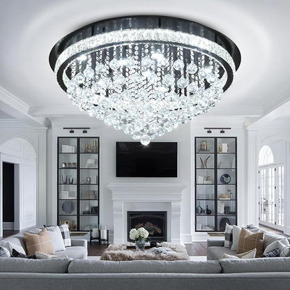 Dia 32" Modern Crystal Chandeliers for Dining Room,Black Raindrop Chandelier Flush Mount Chandeliers for Living Room Bedrooms Dining Room Dimmable 2700k 4500k 6000k