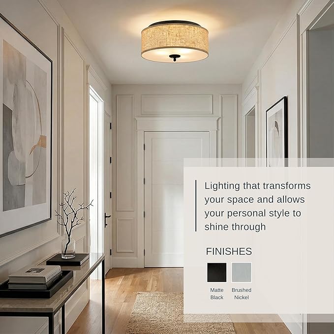 Quoizel Blanche 16" Flush Mount Ceiling Light with Premium Fabric Shade, Brushed Nickel, ETL Damp Rated for Kitchen or Bath