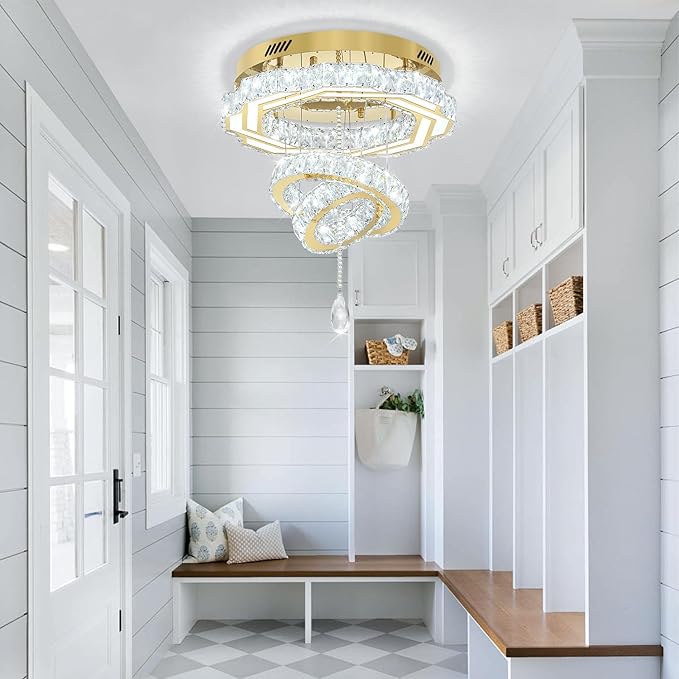 Flashing God Dia 20" Modern Crystal Chandeliers Dimmable Gold Chandelier LED Flush Mount Crystal Ceiling Light for Living Room Dining Room Bedroom