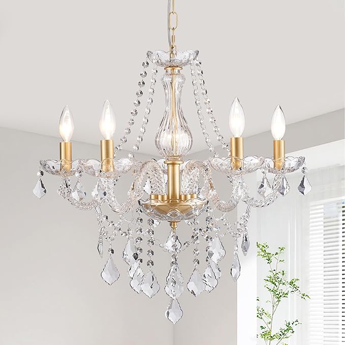 Gold Candle Crystal Glass Dining Room Chandelier 5-Light Pendant Ceiling Lighting Fixture for Kitchen Hallway Living Room Bedroom Bar Closet, Luxury Contemporary Elegant Lamp, 23 Inch